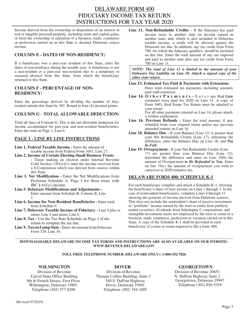Instructions for Form 400 Delaware Fiduciary Income Tax Return - Delaware, Page 3