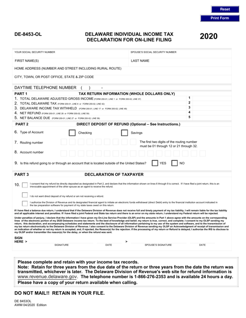 Form DE-8453-OL Delaware Individual Income Tax Declaration for on-Line Filing - Delaware, 2020