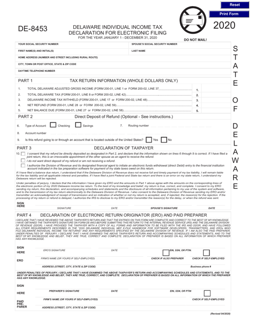 Form DE-8453 Delaware Individual Income Tax Declaration for Electronic Filing - Delaware, 2020