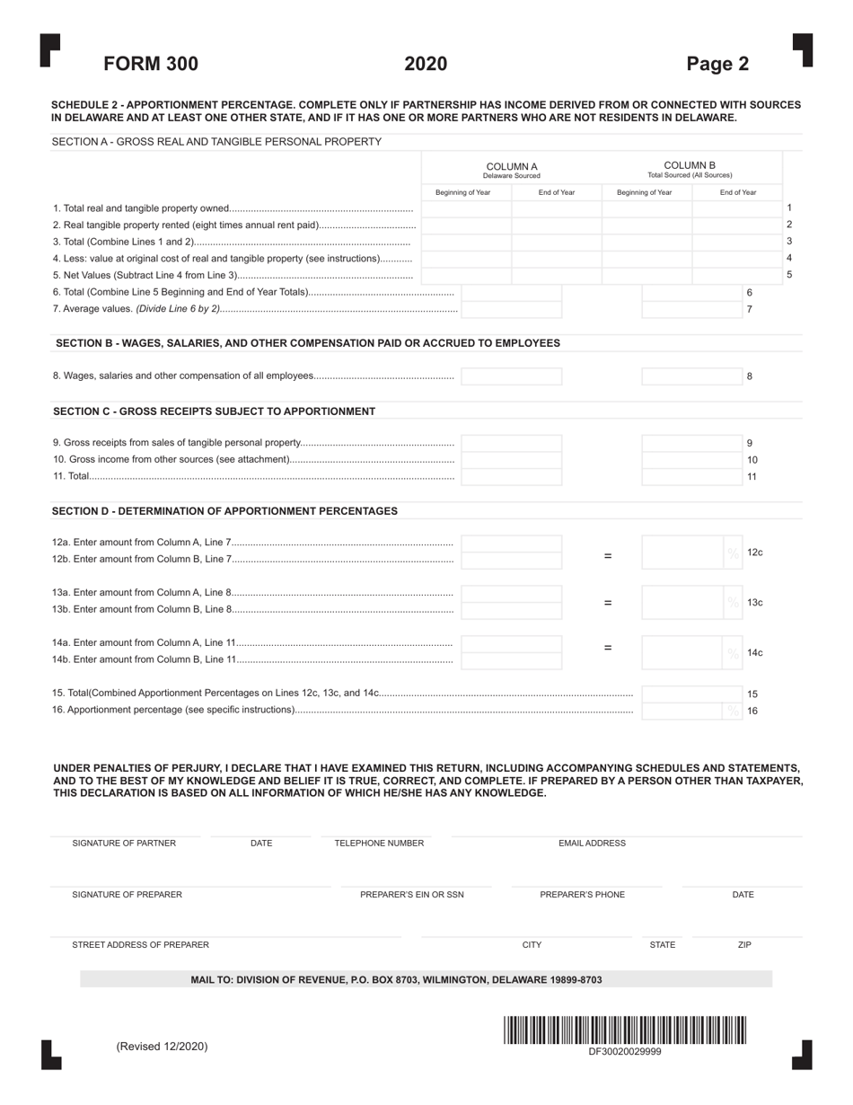 Form 300 Partnership Return - Delaware, Page 2