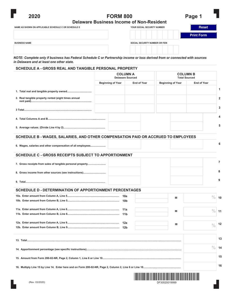 Form 800 Delaware Business Income of Non-resident - Delaware, Page 1
