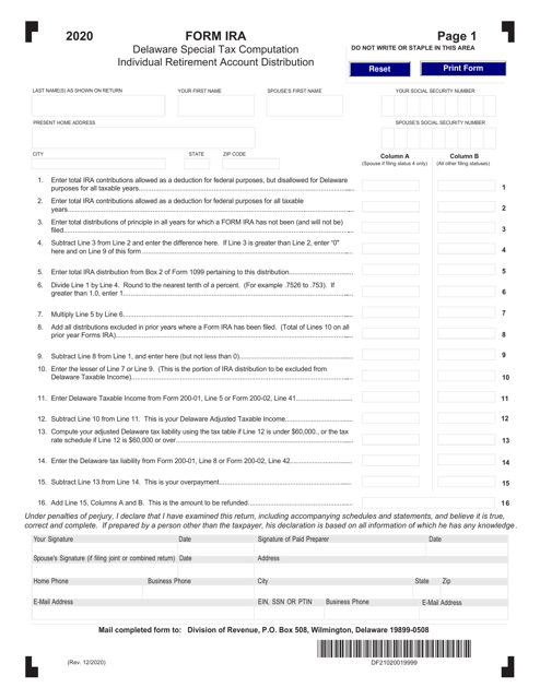 Form IRA Delaware Special Tax Computation Individual Retirement Account Distribution - Delaware, 2020