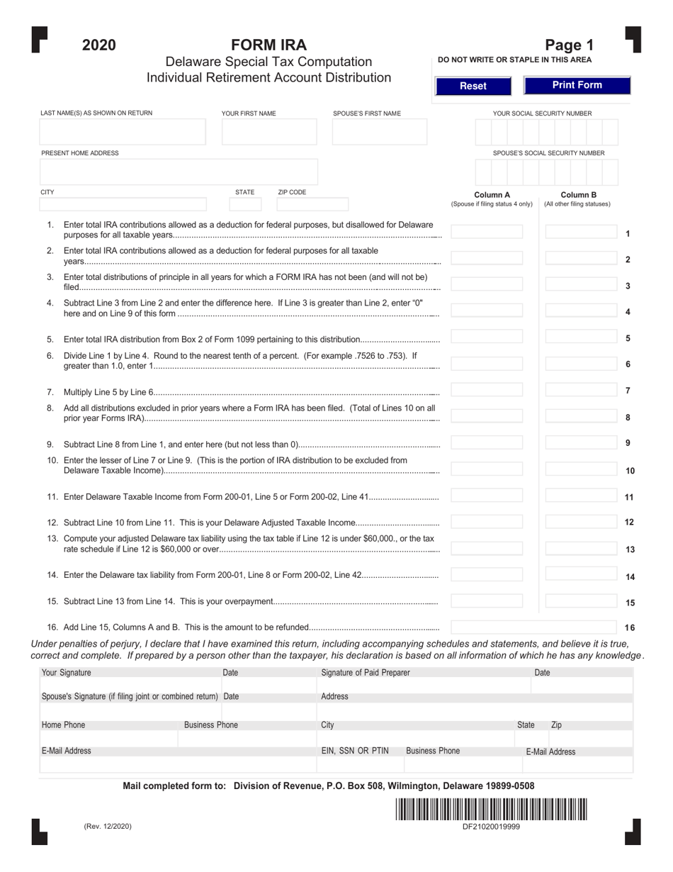 Form IRA Delaware Special Tax Computation Individual Retirement Account Distribution - Delaware, Page 1