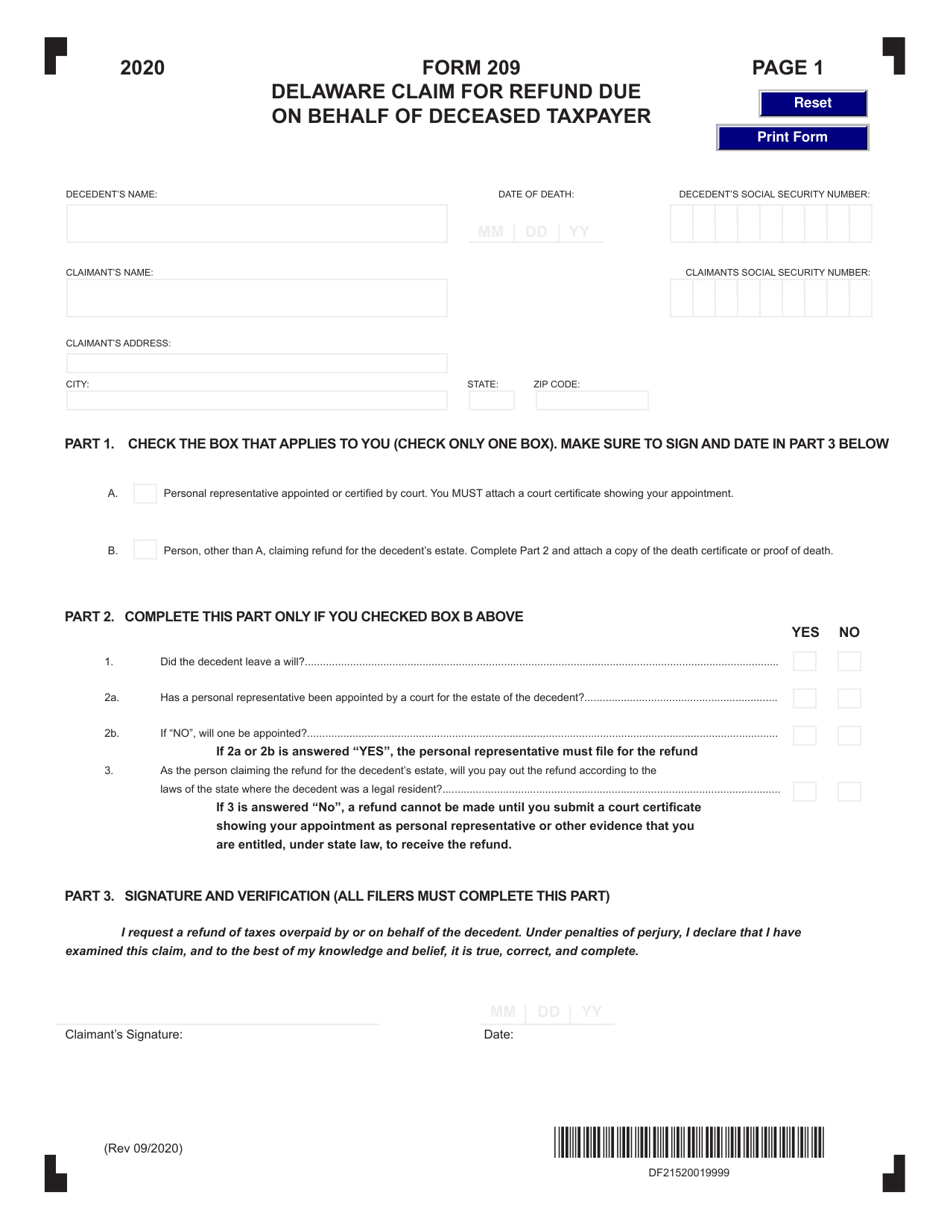 Form 209 Delaware Claim for Refund Due on Behalf of Deceased Taxpayer - Delaware, Page 1