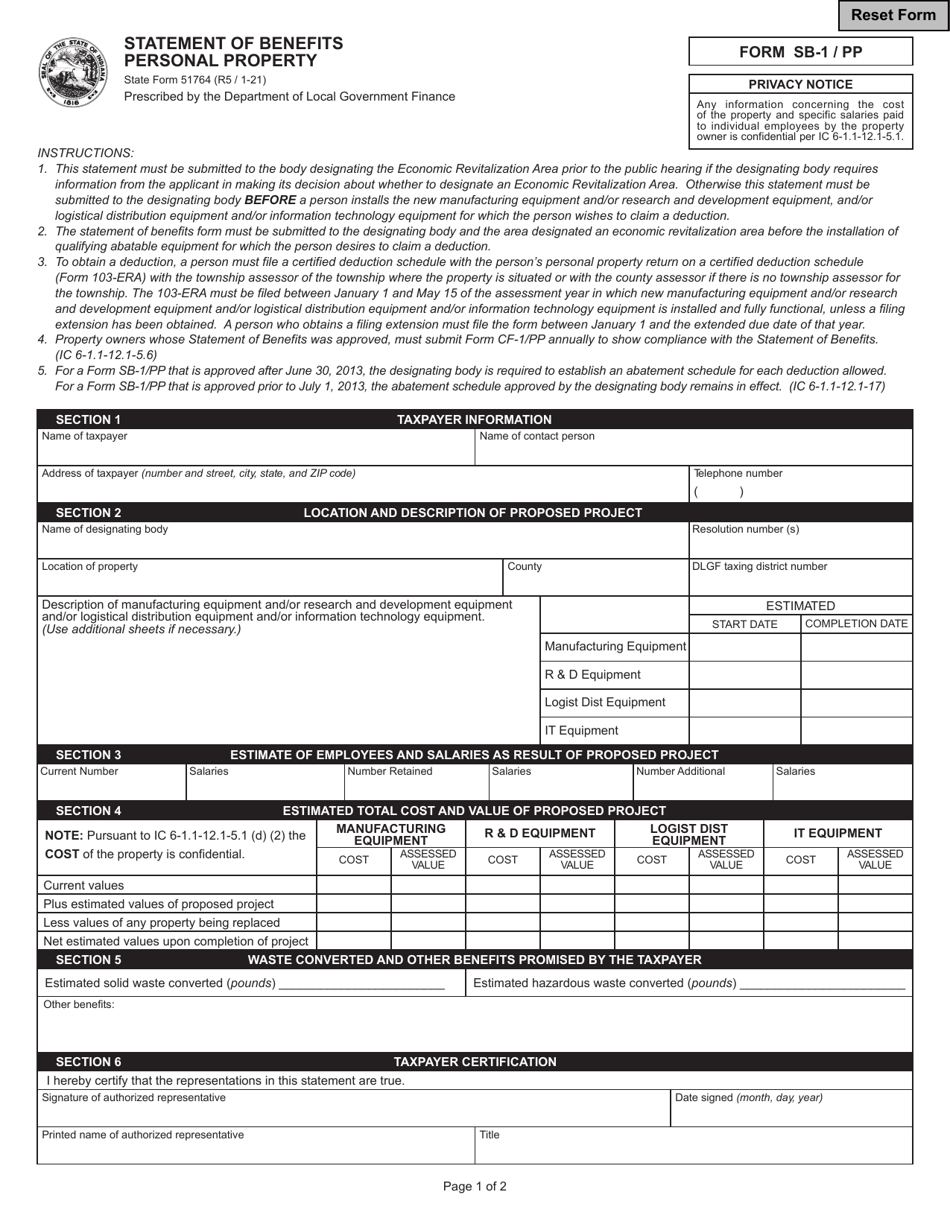 State Form 51764 (SB1/PP) Fill Out, Sign Online and Download Fillable PDF, Indiana