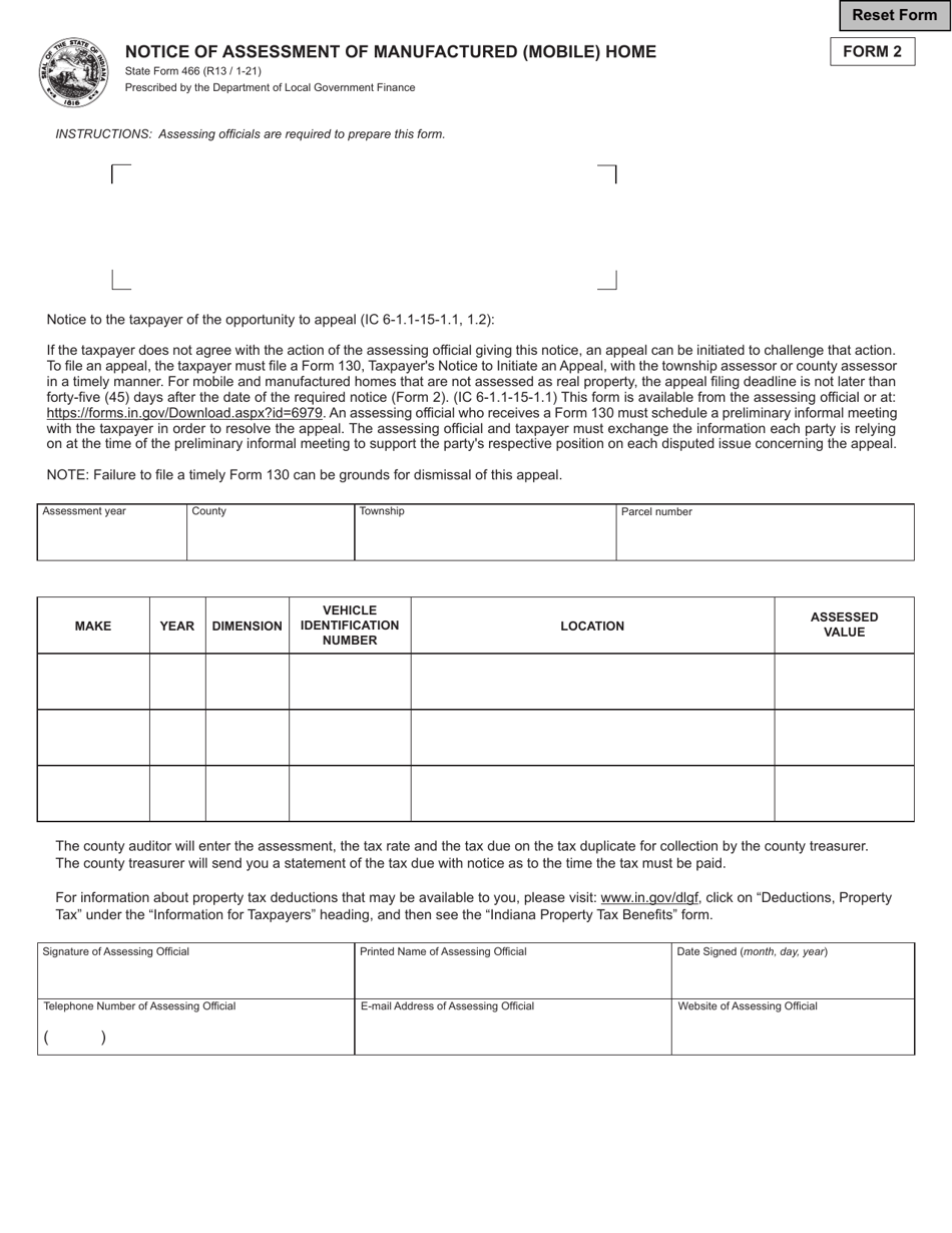 State Form 466 (2) Notice of Assessment of Manufactured (Mobile) Home - Indiana, Page 1