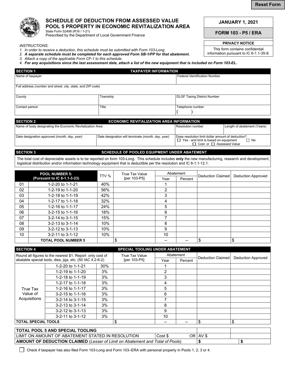 State Form 52498 (103-P5 / ERA) Schedule of Desuction From Assessed Value Pool 5 Property in Economic Revitalization Area - Indiana, Page 1