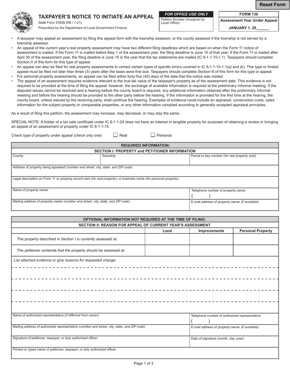 State Form 53958 (130) Taxpayers Notice to Initiate an Appeal - Indiana, Page 1