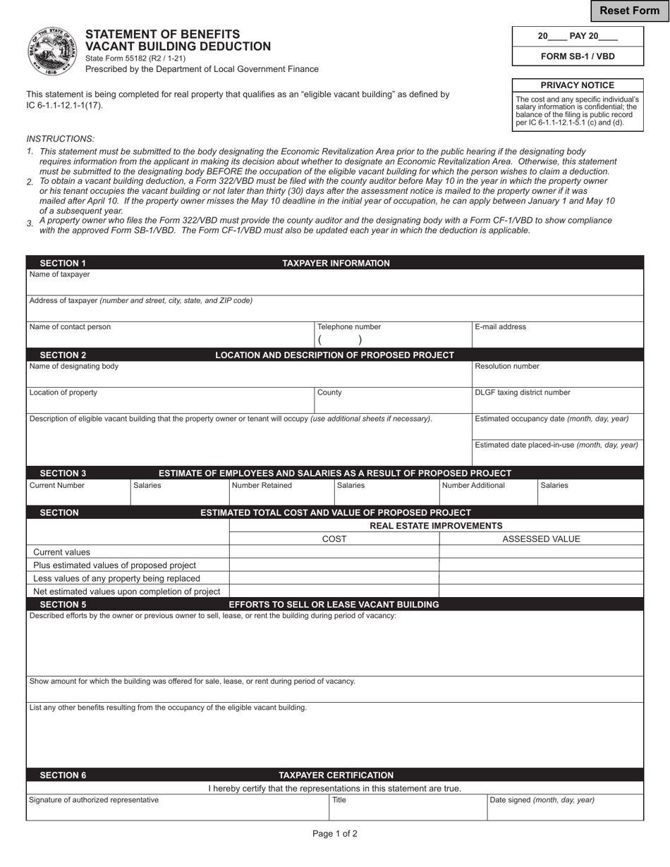 State Form 55182 (sb-1 Vbd) Download Fillable Pdf Or Fill Online 