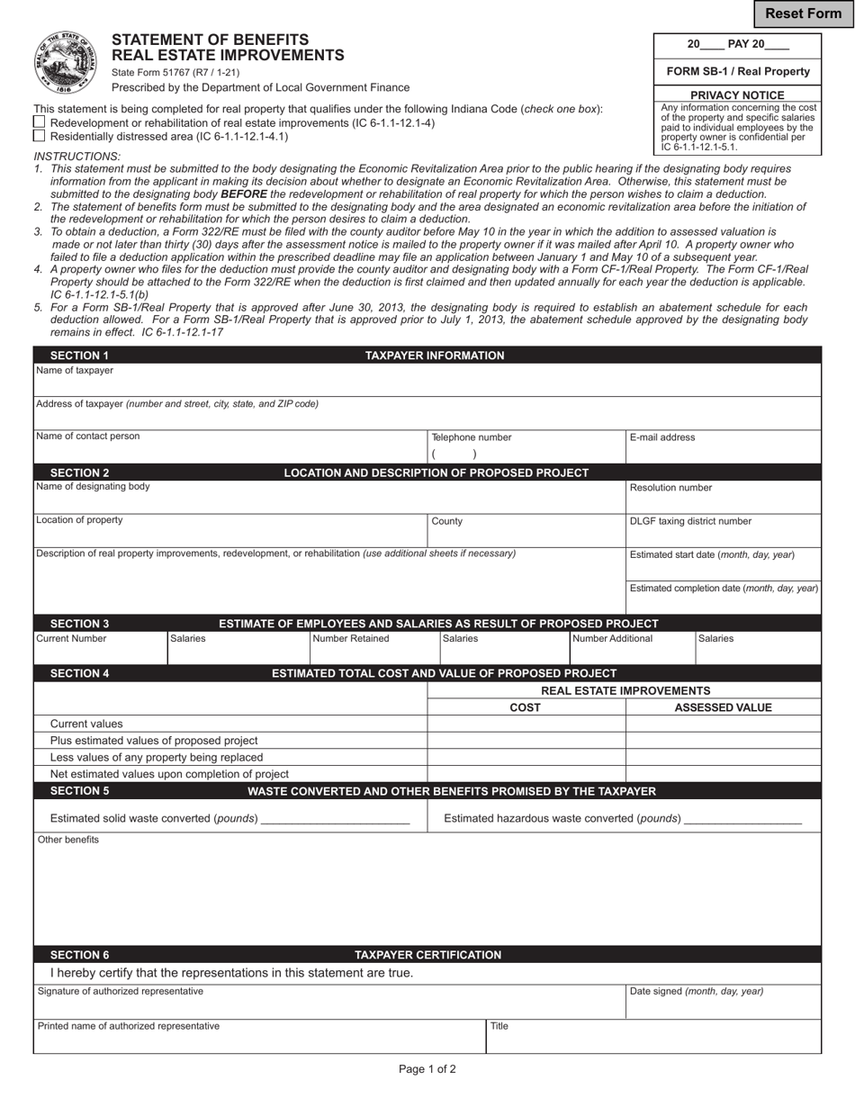 Form SB-1 (State Form 51767) Statement of Benefits - Real Estate Improvements - Indiana, Page 1