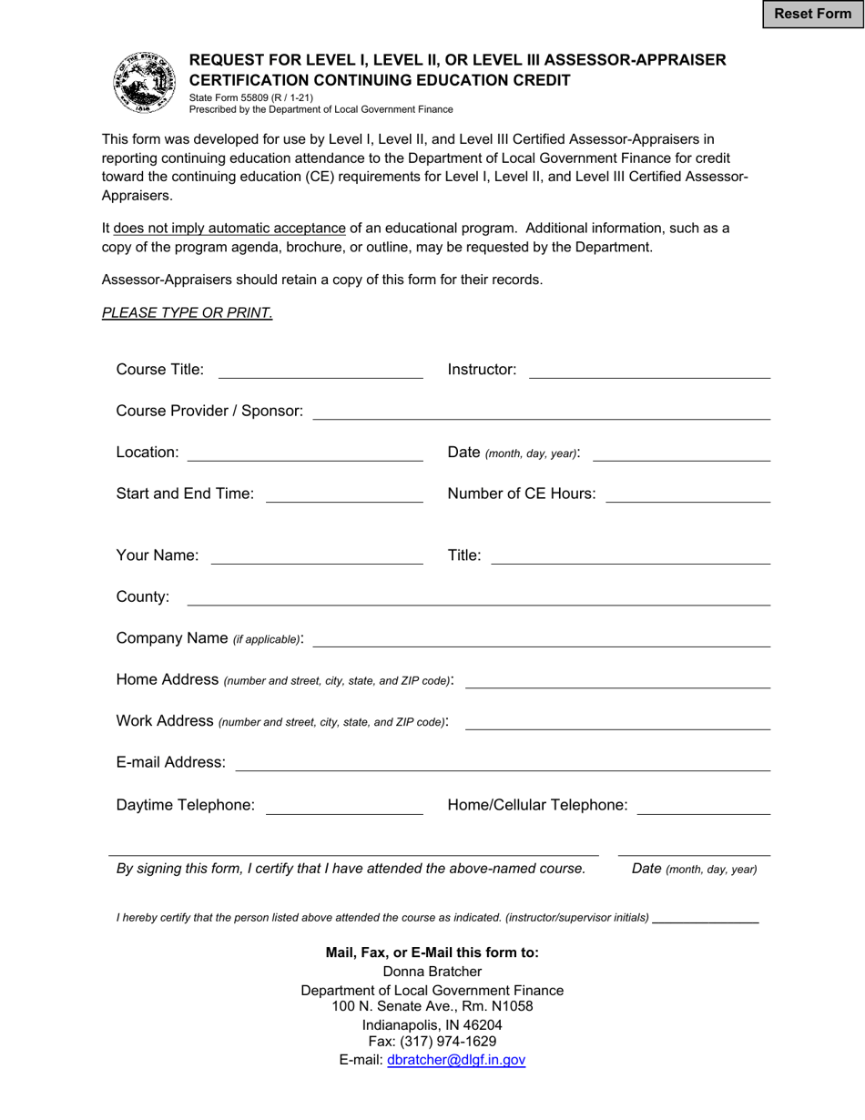 State Form 55809 Request for Level I, Level II, or Level Iii Assessor-Appraiser Certification Continuing Education Credit - Indiana, Page 1