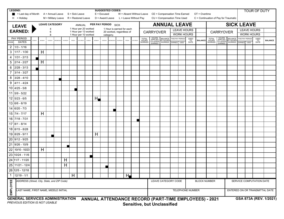 GSA Form 873A Annual Attendance Record (Part-Time Employees), Page 1