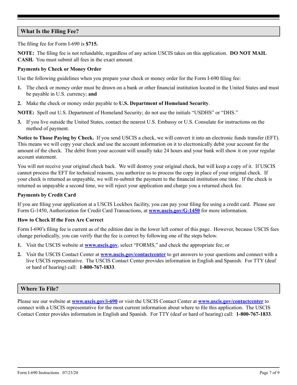 Instructions for USCIS Form I-690 Application for Waiver of Grounds of Inadmissibility Under Sections 245a or 210 of the Immigration and Nationality Act, Page 7