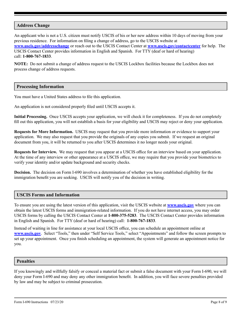 Instructions for USCIS Form I-690 Application for Waiver of Grounds of Inadmissibility Under Sections 245a or 210 of the Immigration and Nationality Act, Page 8