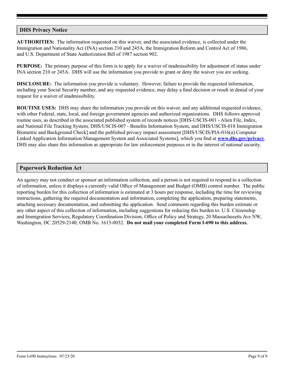 Instructions for USCIS Form I-690 Application for Waiver of Grounds of Inadmissibility Under Sections 245a or 210 of the Immigration and Nationality Act, Page 9