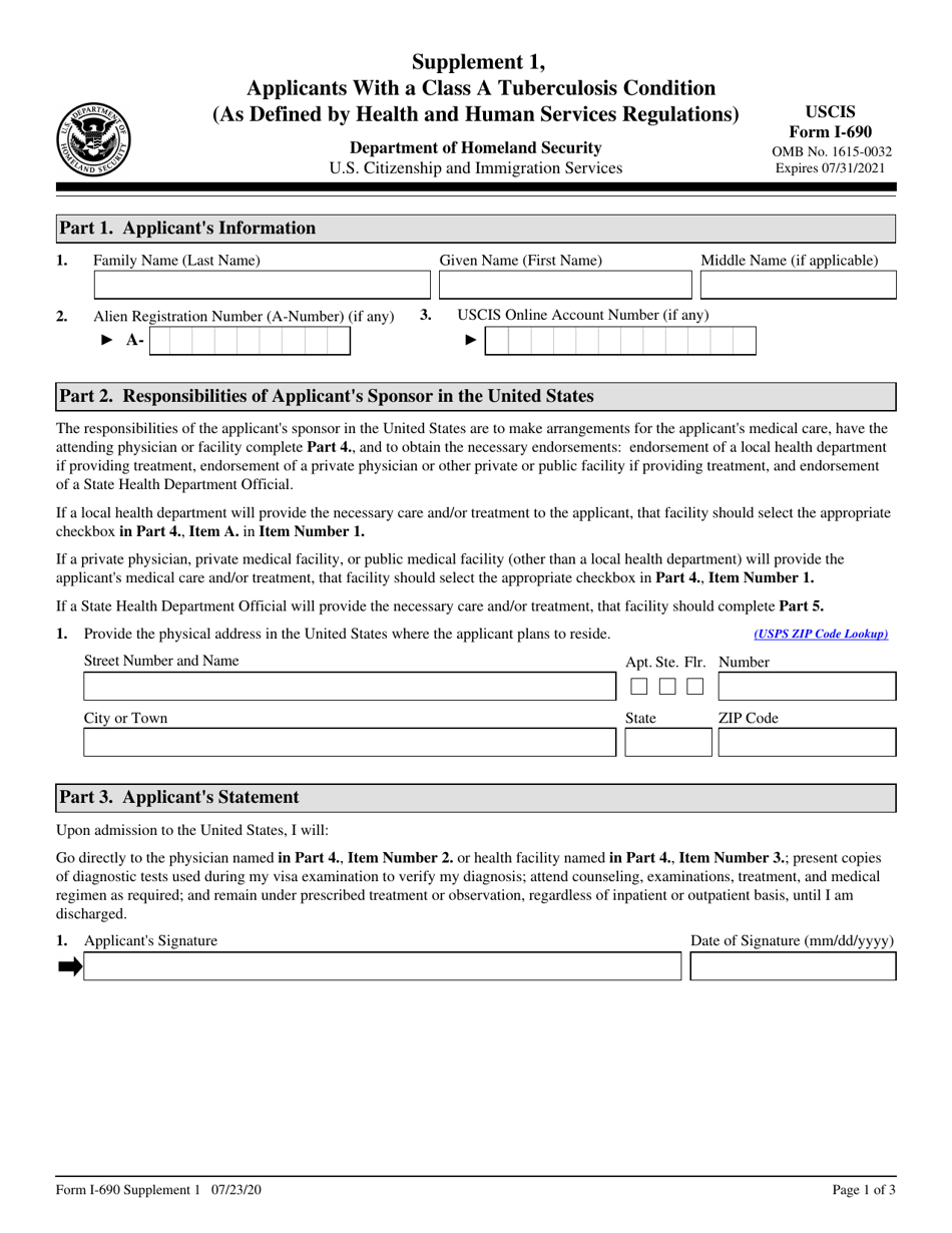USCIS Form I-690 Supplement 1 Applicants With a Class a Tuberculosis Condition, Page 1