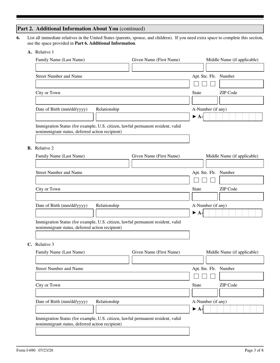 USCIS Form I-690 Application for Waiver of Grounds of Inadmissibility Under Sections 245a or 210 of the Immigration and Nationality Act, Page 3