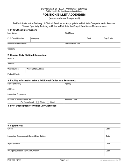 Form PHS-7085 Position/Billet Addendum