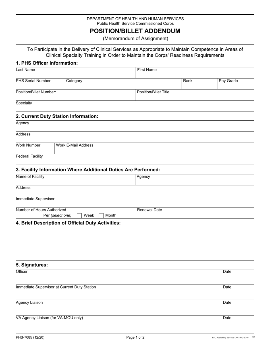 Form PHS-7085 Position / Billet Addendum, Page 1