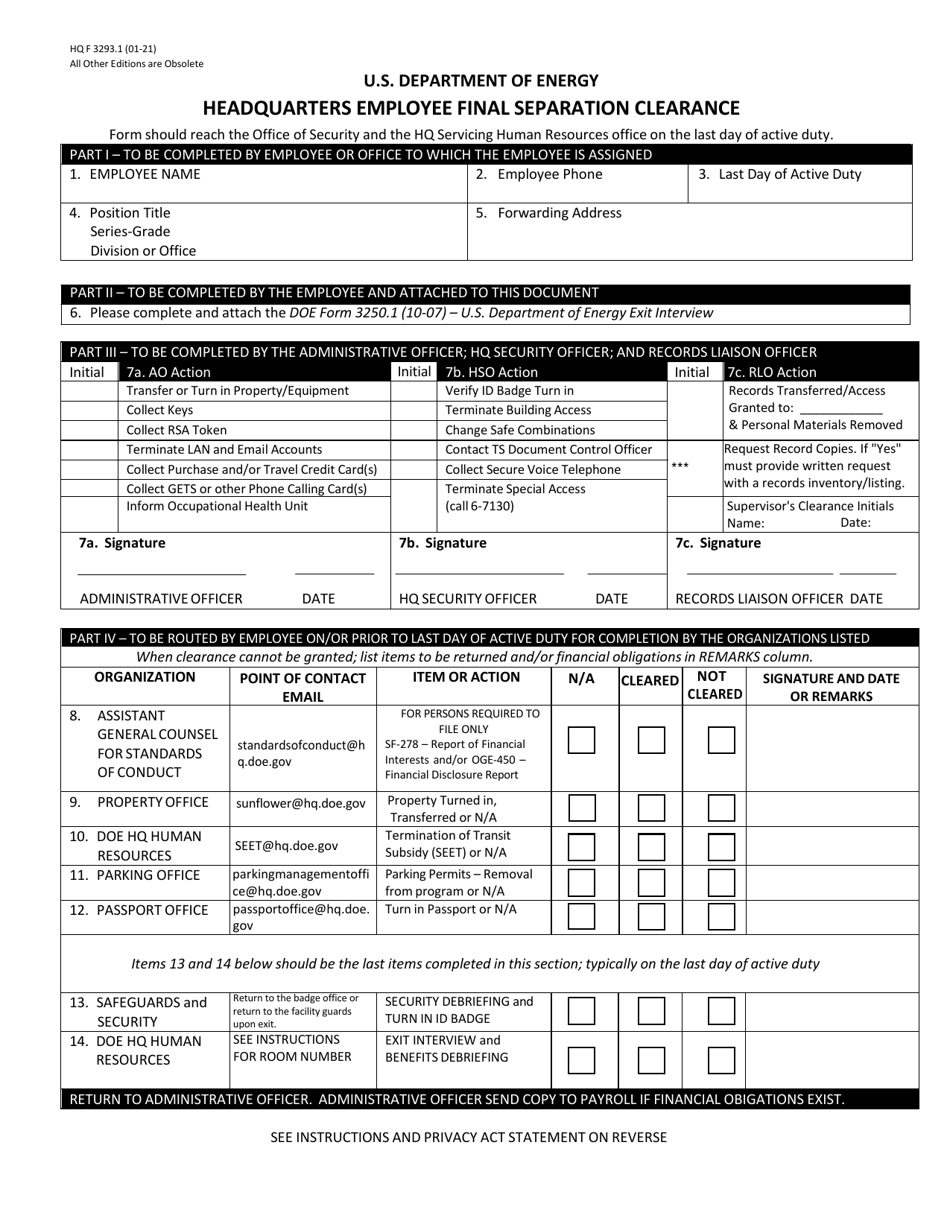 HQ Form 3293.1 Headquarters Employee Final Separation Clearance, Page 1