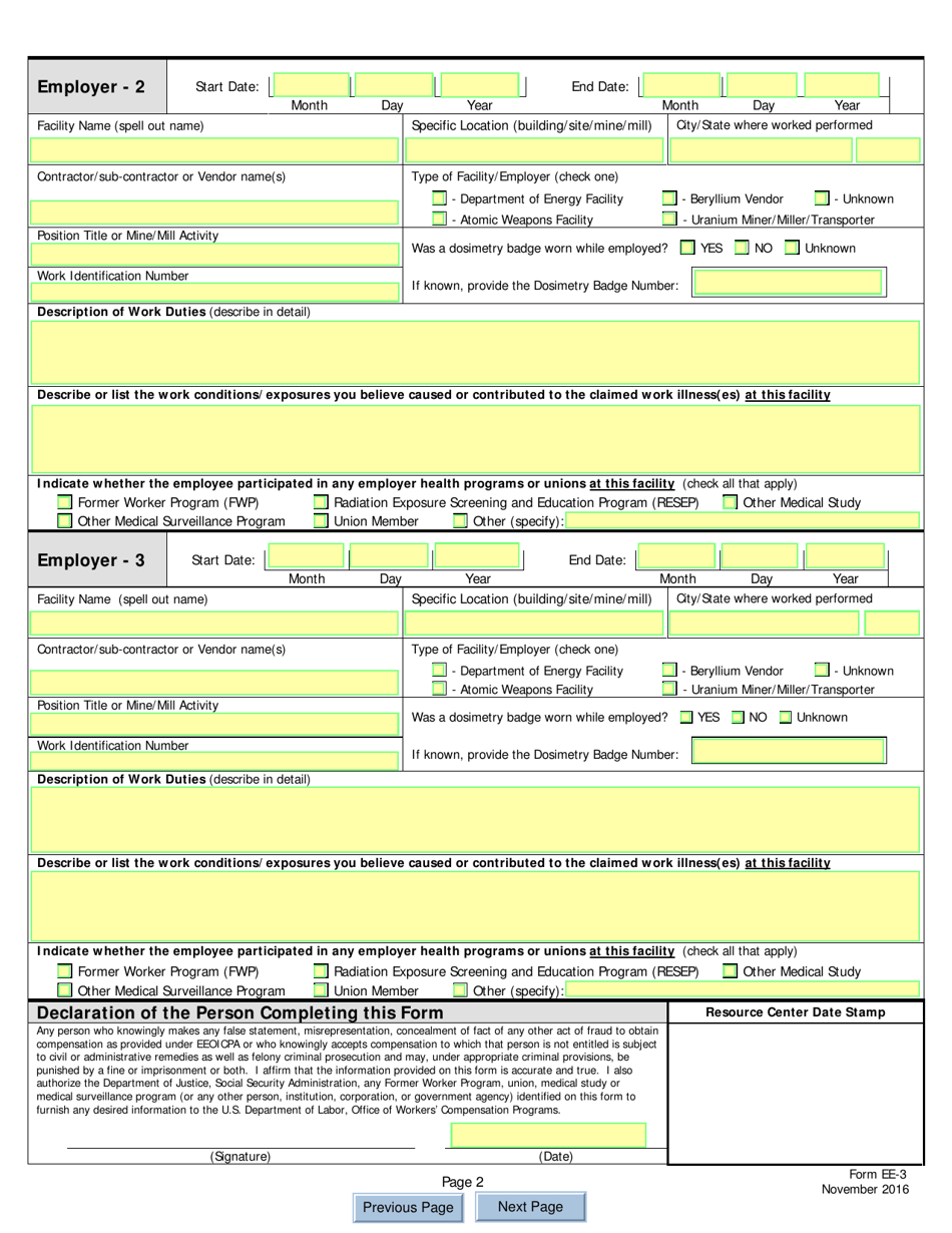 Form EE-3 Employment History for a Claim Under the Energy Employees Occupational Illness Compensation Program Act, Page 2