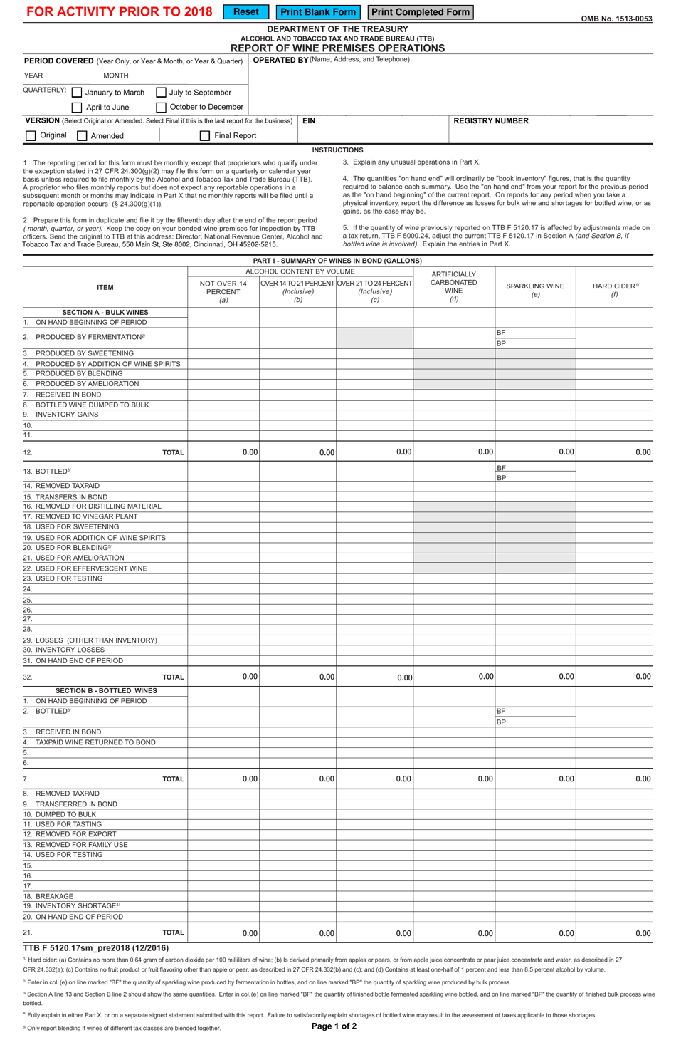 TTB Form 5120.17SM Report of Wine Premises Operations Smart Form for Activity Prior 2018, Page 1