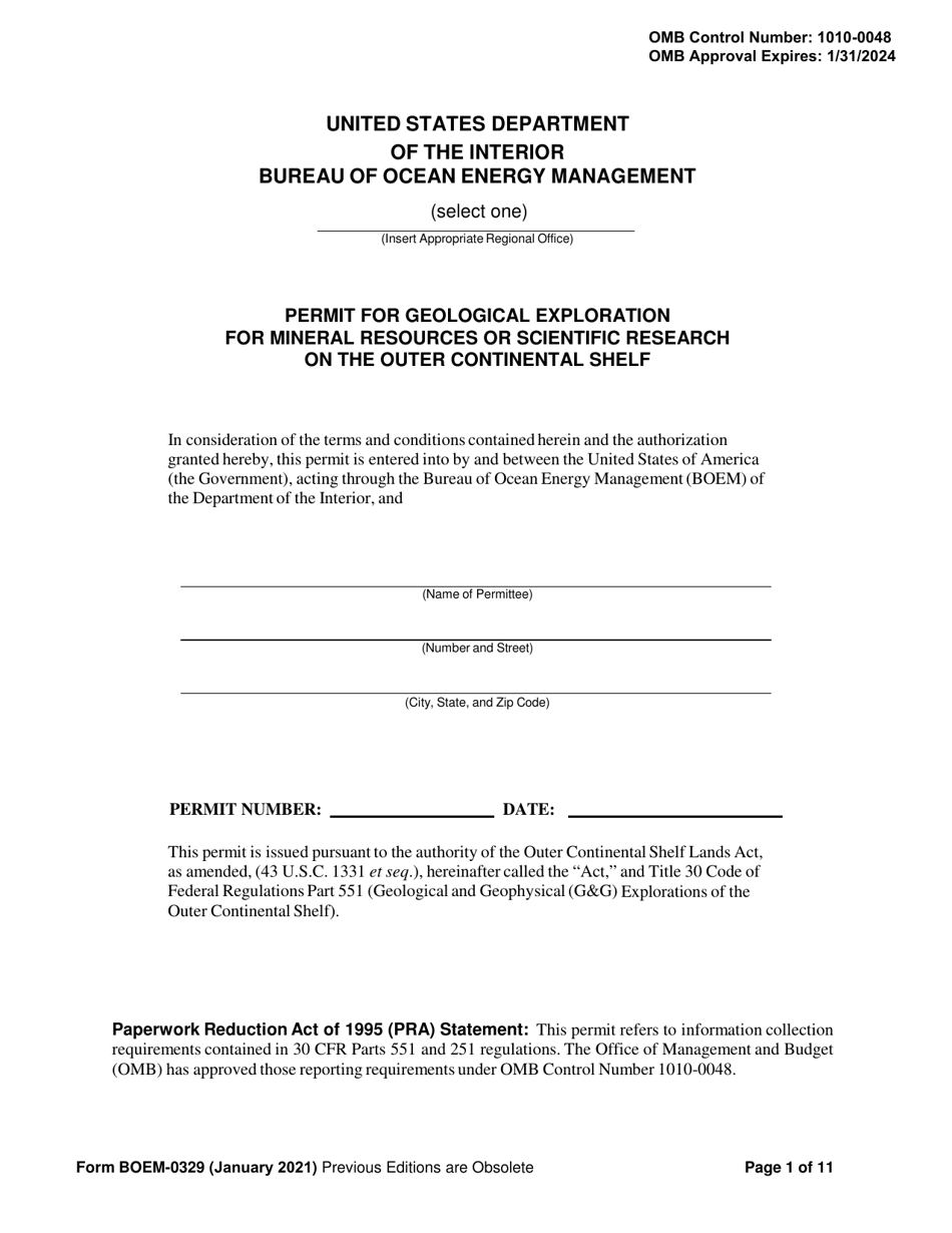 Form BOEM-0329 Permit for Geological Exploration for Mineral Resources or Scientific Research on the Outer Continental Shelf, Page 1