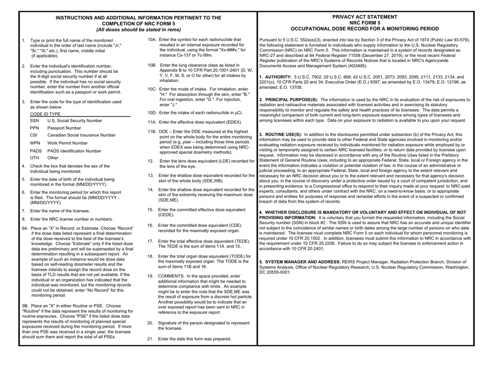NRC Form 5 Occupational Dose Record for a Monitoring Period, Page 2