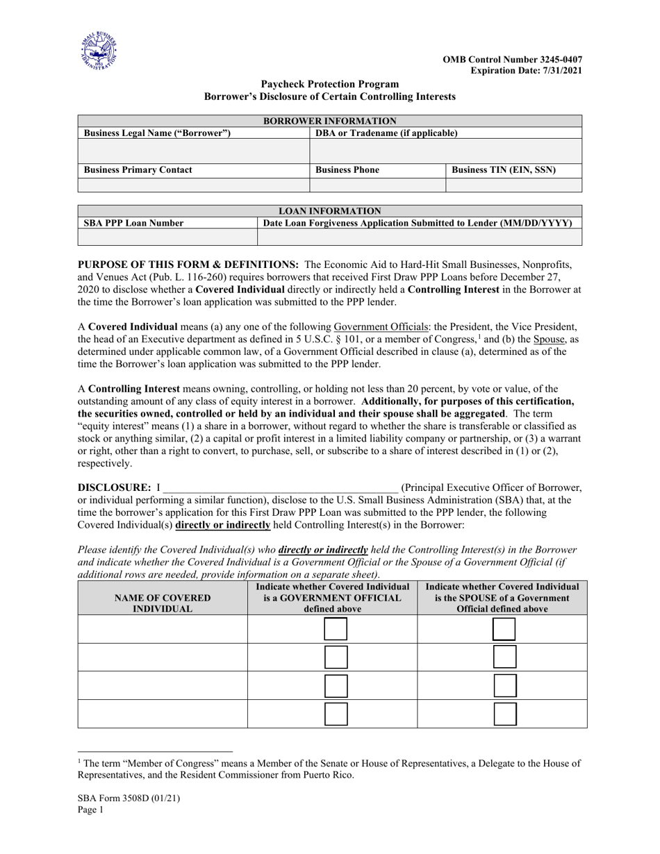 SBA Form 3508D Borrowers Disclosure of Certain Controlling Interests, Page 1