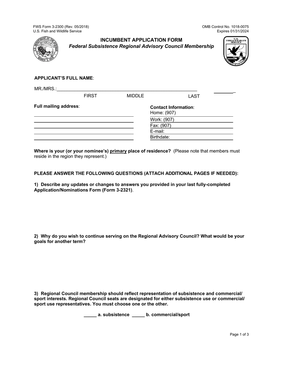FWS Form 3-2300 Federal Subsistence Regional Advisory Council Membership Incumbent Application, Page 1