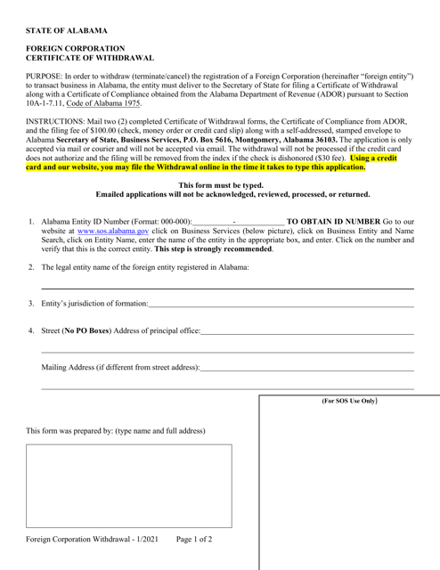Foreign Corporation Certificate of Withdrawal - Alabama Download Pdf