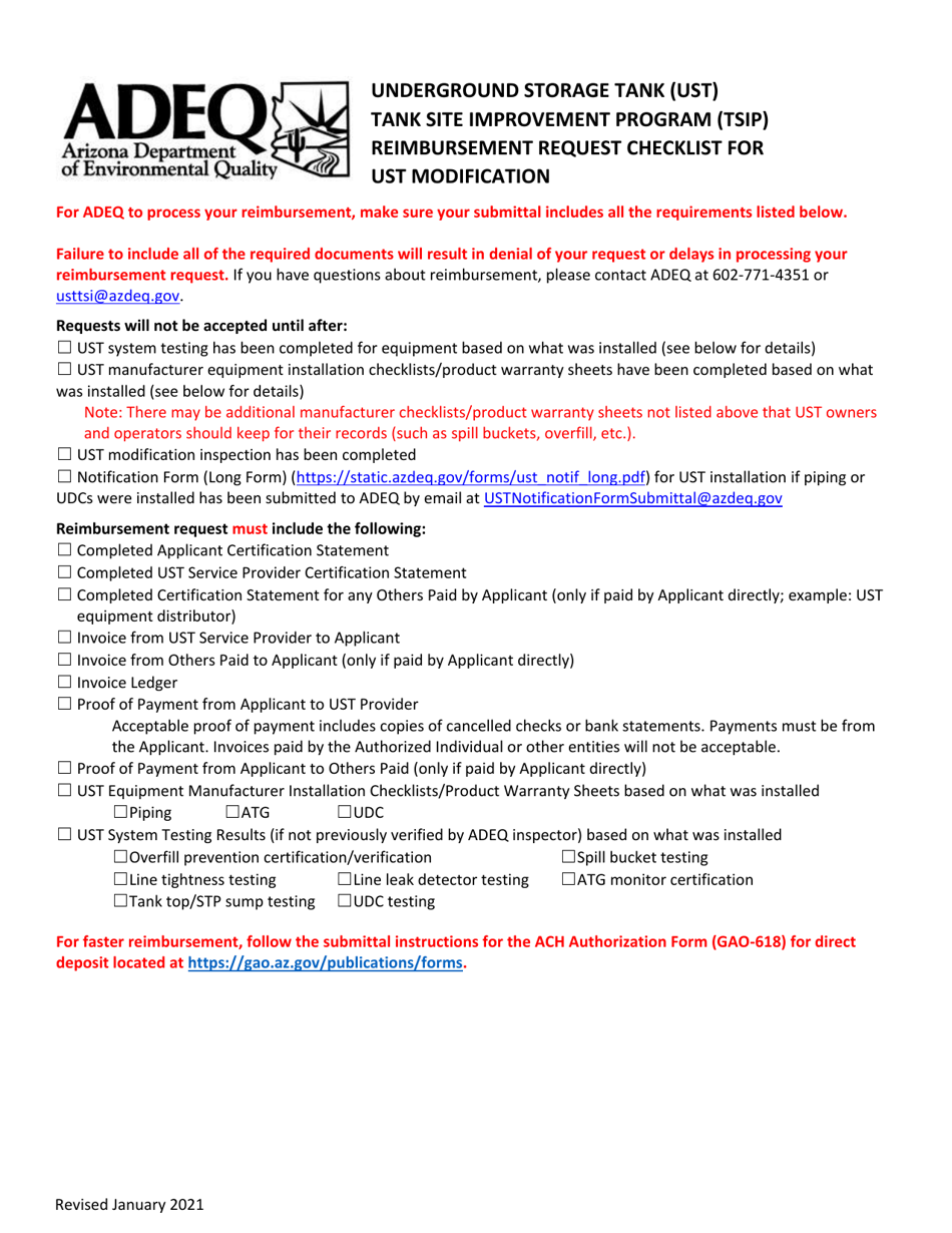 Underground Storage Tank (Ust) Tank Site Improvement Program (Tsip) Reimbursement Request Checklist for Ust Modification - Arizona, Page 1