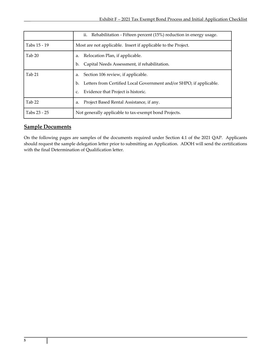 Exhibit F Arizona Tax Exempt Bond Process and Initial Application Checklist - Arizona, Page 5