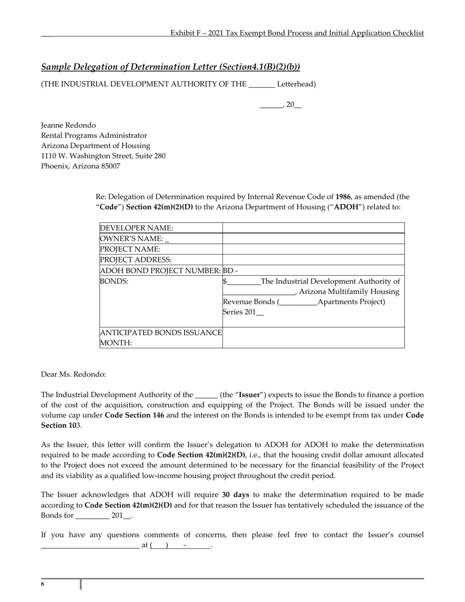 Exhibit F Arizona Tax Exempt Bond Process and Initial Application Checklist - Arizona, Page 6