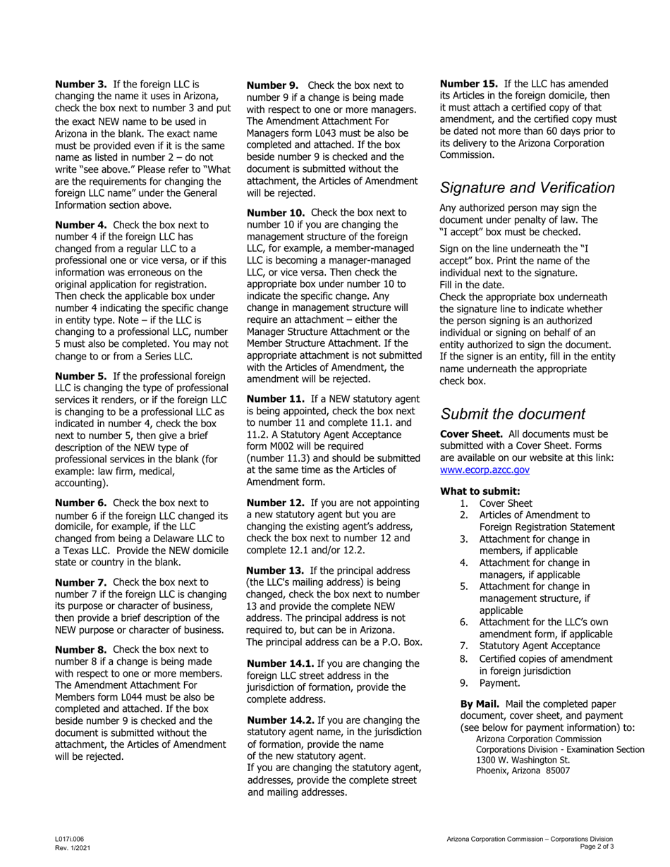 Instructions for Form L017 Articles of Amendment to Foreign Registration Statement - Arizona, Page 2