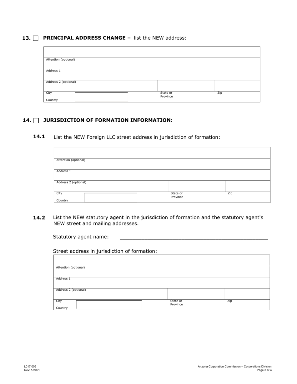 Form L017 Articles of Amendment to Foreign Registration Statement - Arizona, Page 3