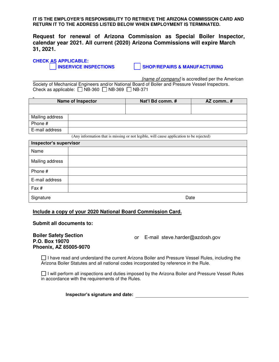 Request for Renewal of Arizona Commission as Special Boiler Inspector - Arizona, Page 1