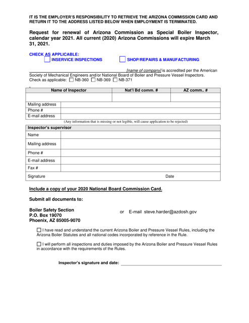 Request for Renewal of Arizona Commission as Special Boiler Inspector - Arizona Download Pdf
