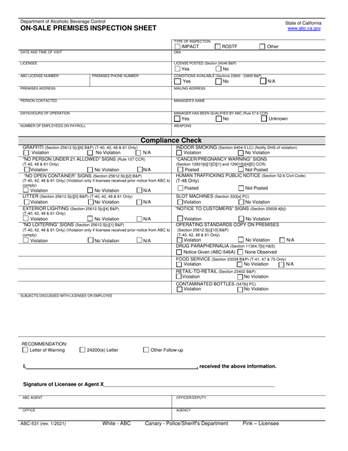 Form ABC-531 On-Sale Premises Inspection Sheet - California
