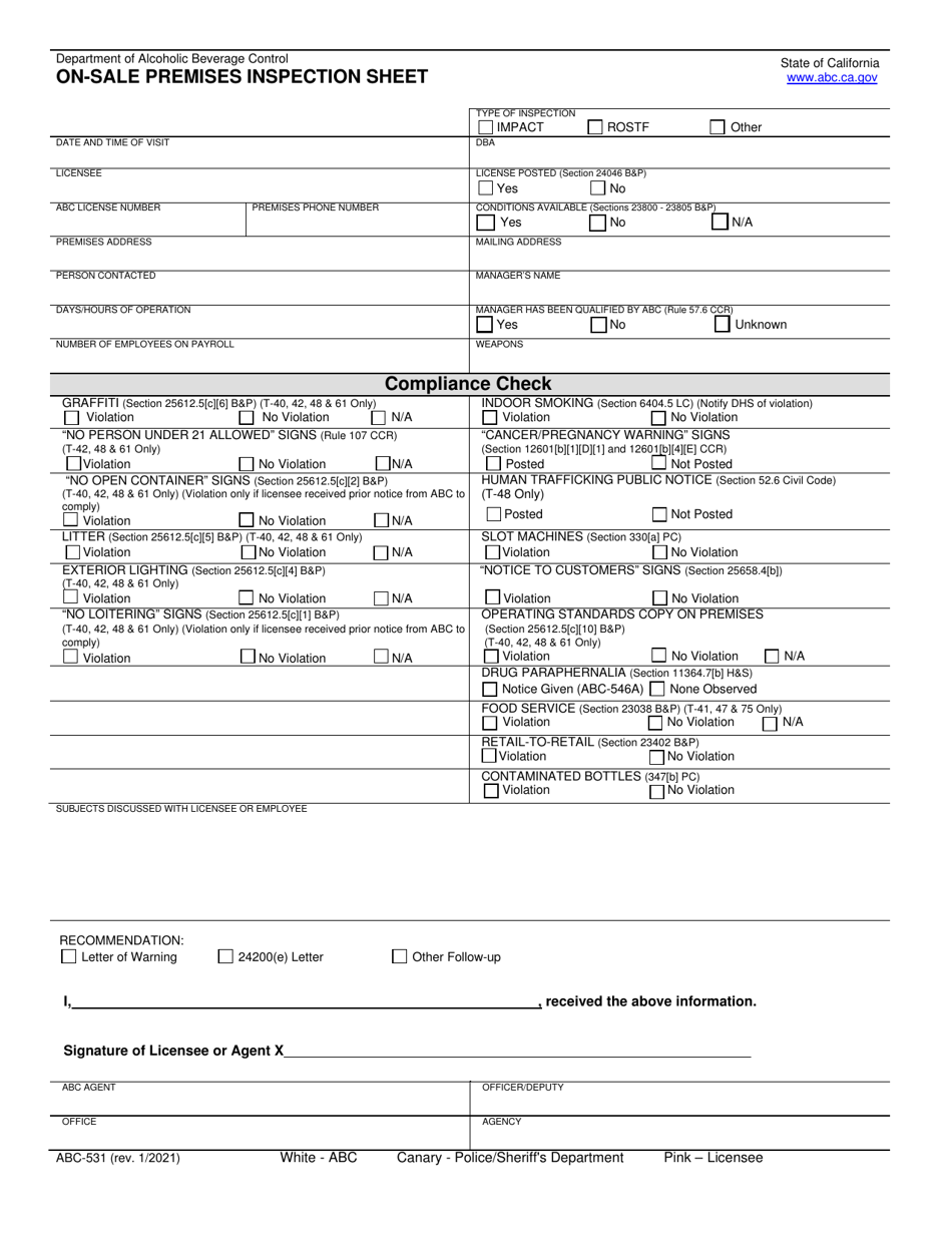 Form ABC-531 On-Sale Premises Inspection Sheet - California, Page 1