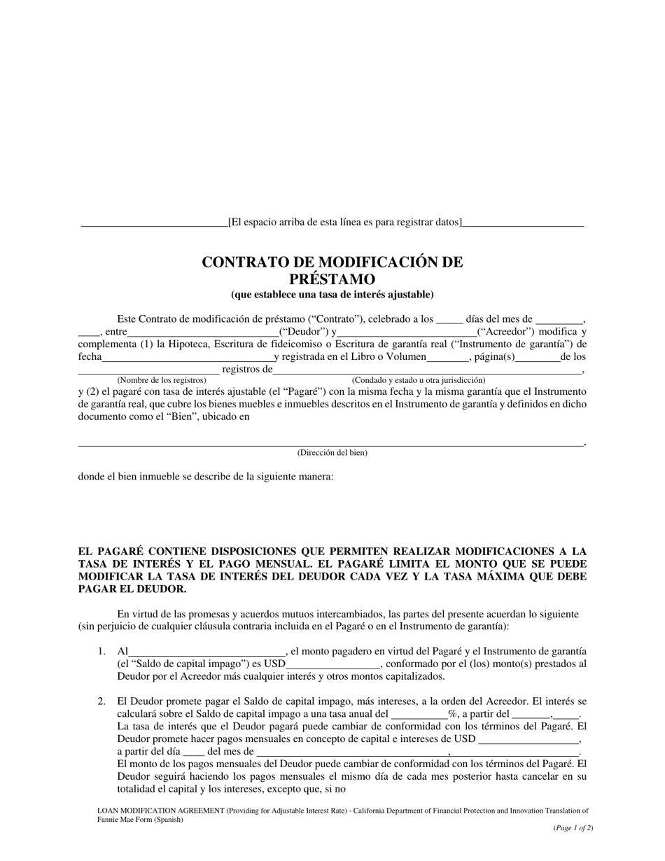 Formulario DFPI-CRMLA8019 Contrato De Modificacion De Prestamo (Que Establece Una Tasa De Interes Ajustable) - California (Spanish), Page 1