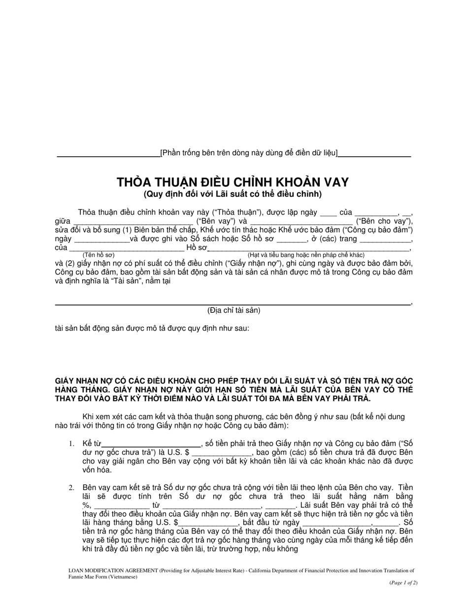 Form DFPI-CRMLA8019 Loan Modification Agreement (Providing for Adjustable Interest Rate) - California (Vietnamese), Page 1