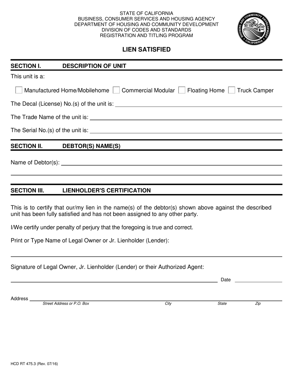 Form HCD RT475.3 - Fill Out, Sign Online and Download Fillable PDF ...
