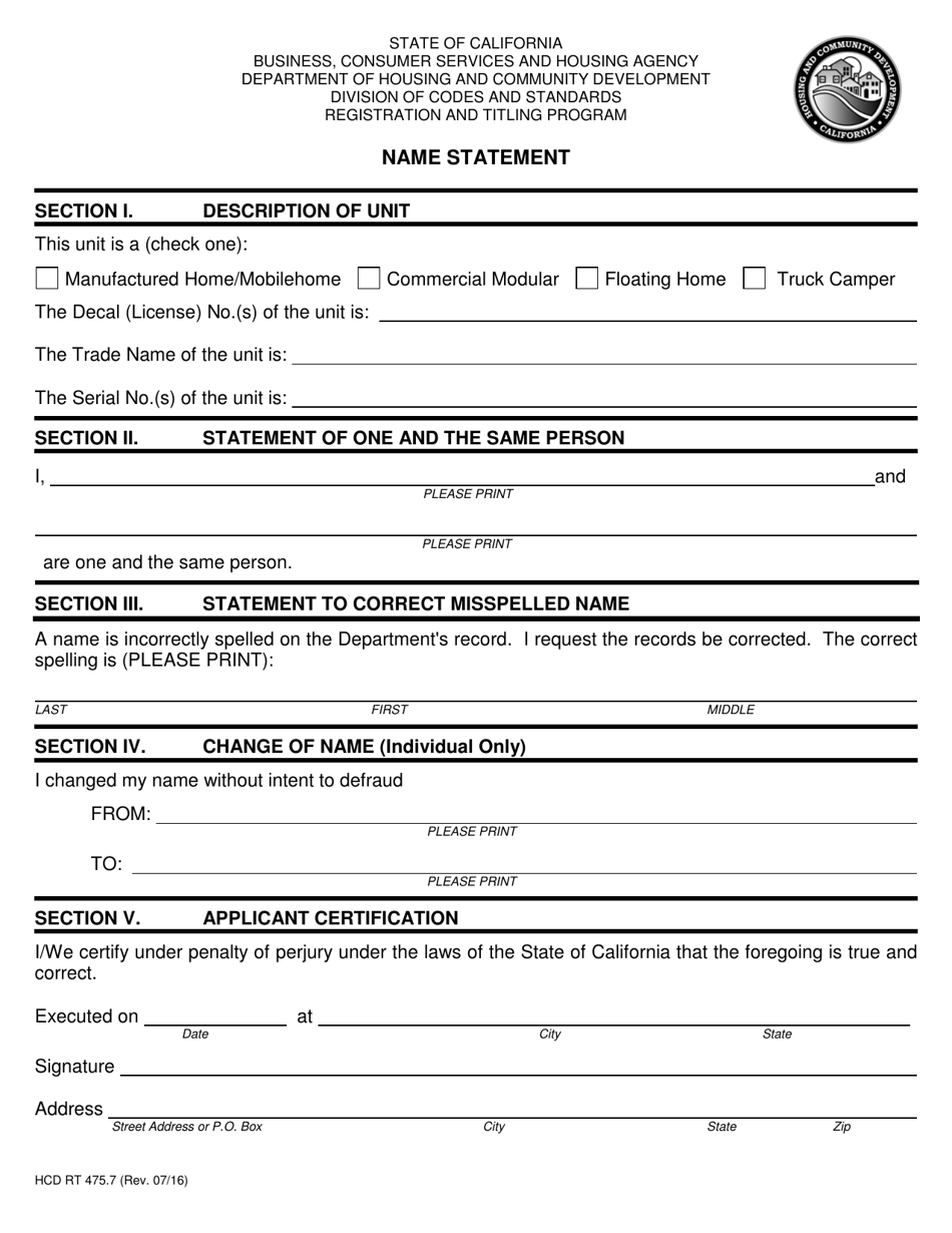 Form HCD RT475.7 Name Statement - California, Page 1