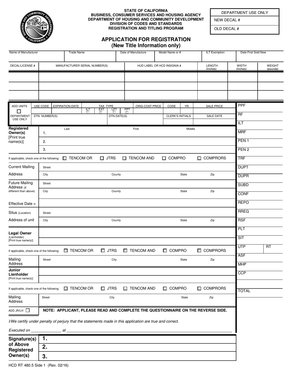 Form HCD RT480.5 Application for Registration (New Title Information Only) - California, Page 1
