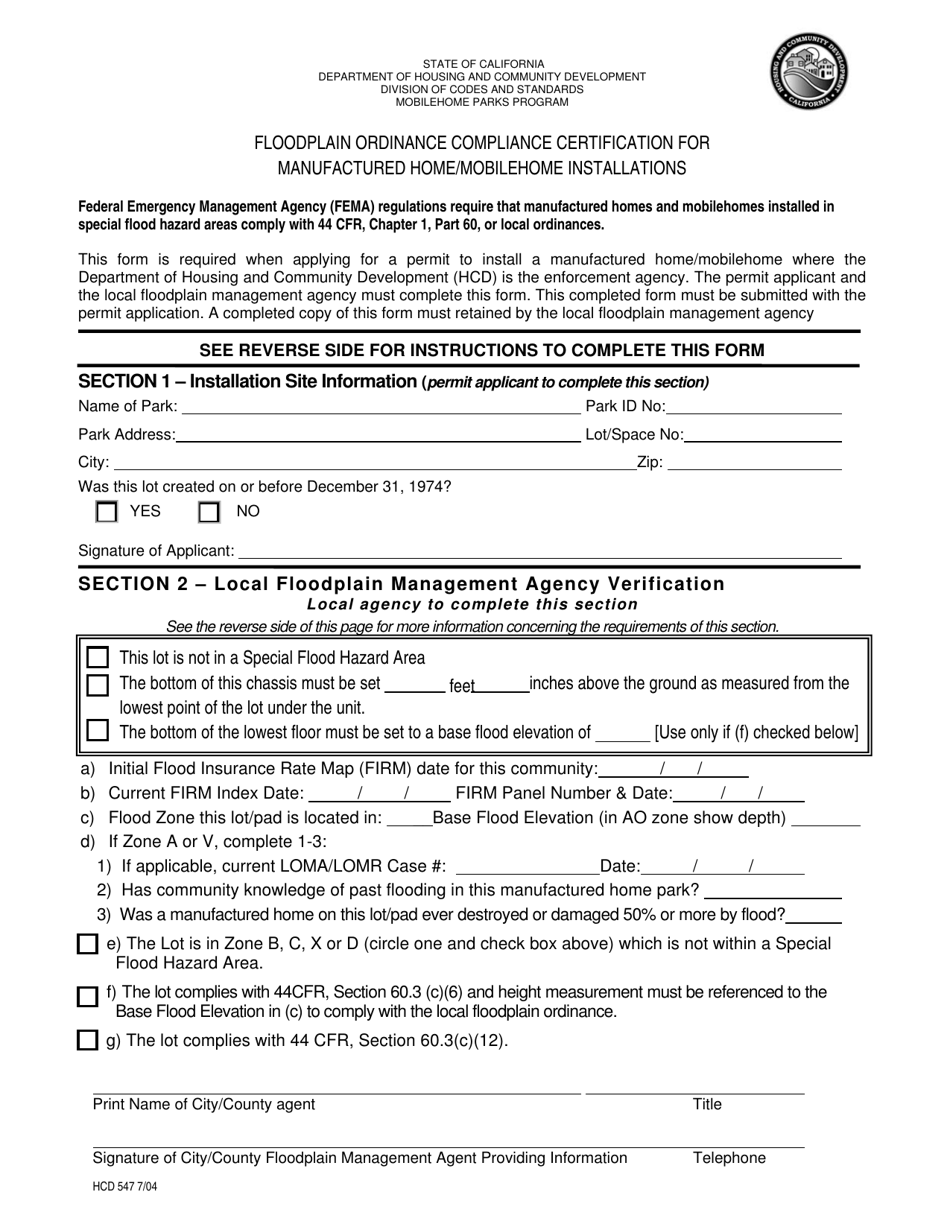 Form HCD547 Floodplain Ordinance Compliance Certification for Manufactured Home / Mobilehome Installations - California, Page 1