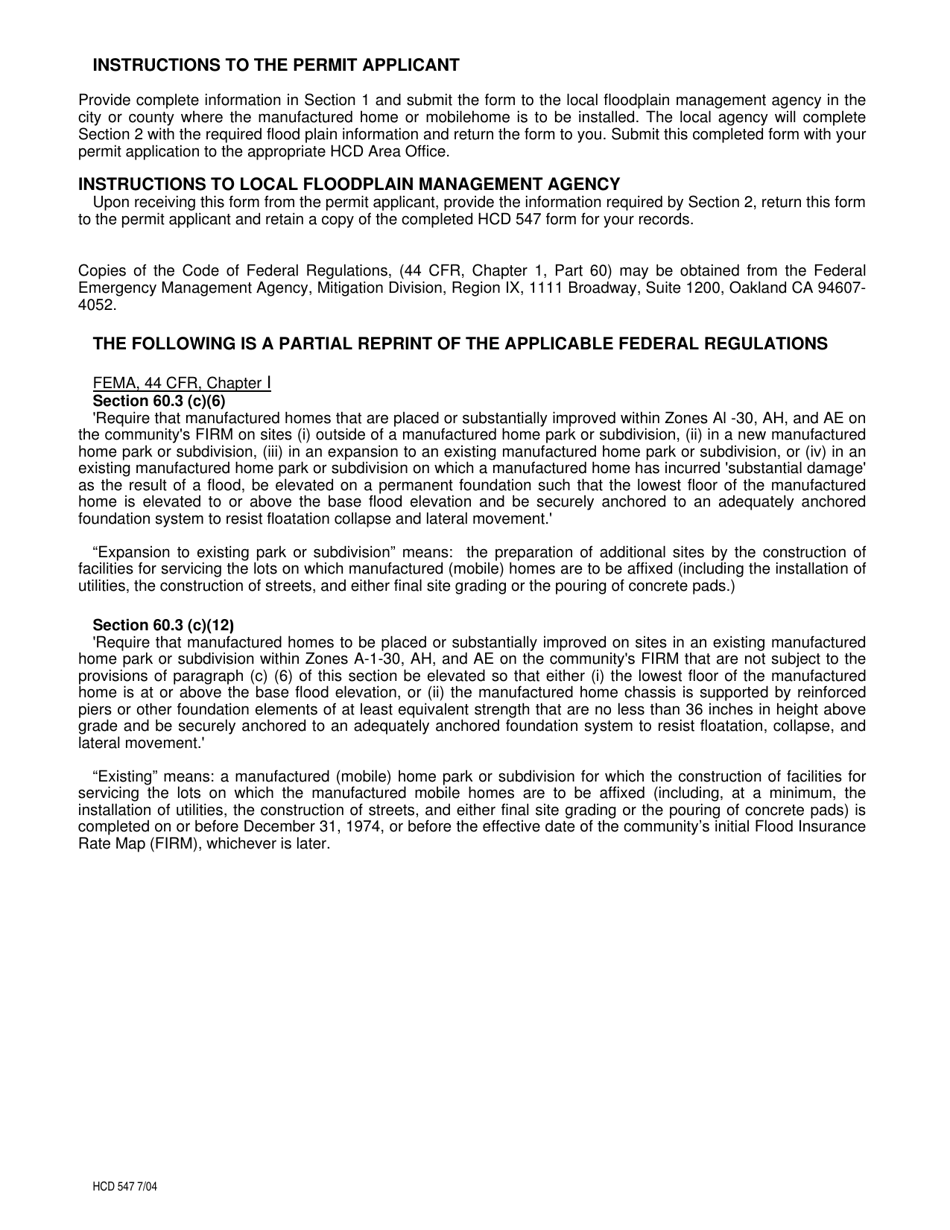 Form HCD547 Floodplain Ordinance Compliance Certification for Manufactured Home / Mobilehome Installations - California, Page 2
