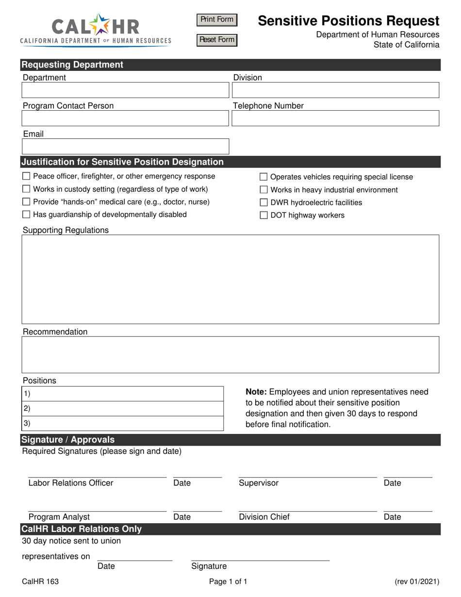 Form CALHR163 Sensitive Positions Request - California, Page 1