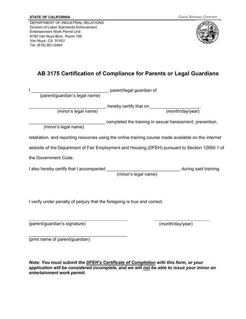 Form AB3175 Certification of Compliance for Parents or Legal Guardians - California
