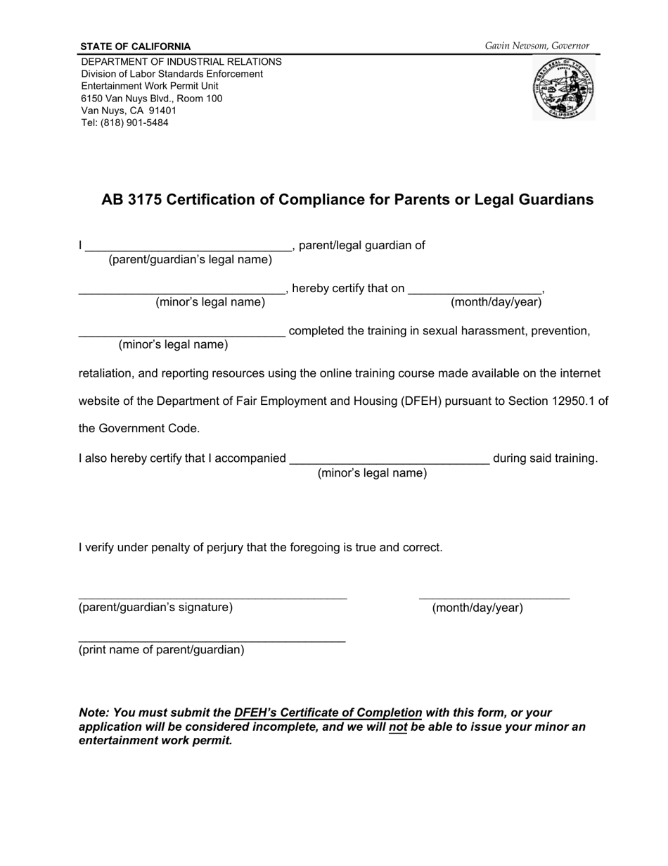 Form AB3175 Certification of Compliance for Parents or Legal Guardians - California, Page 1